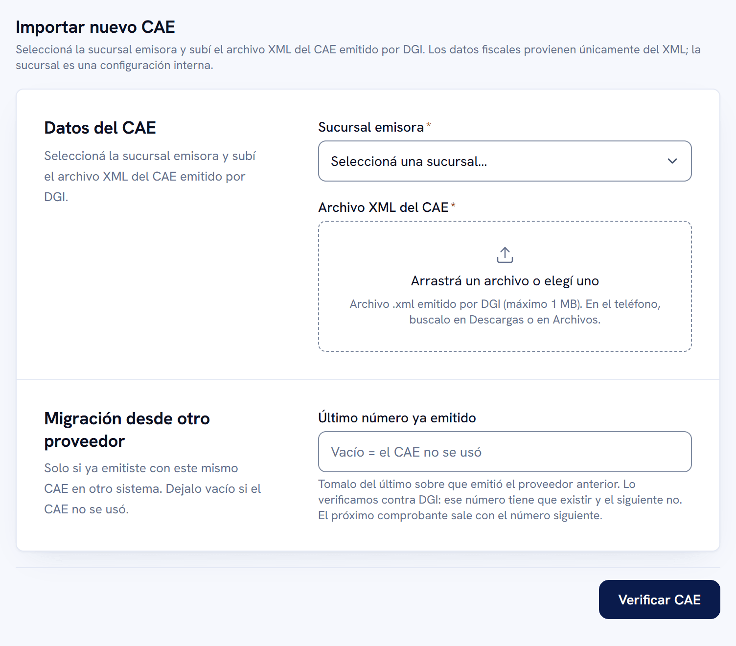 Formulario Importar nuevo CAE con el selector Sucursal emisora, la zona para arrastrar el archivo XML del CAE y el botón Verificar CAE