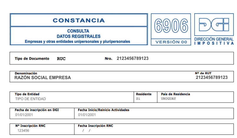 Encabezado del PDF generado: sello Constancia, número de versión, logo de DGI y los datos registrales de la empresa en recuadros