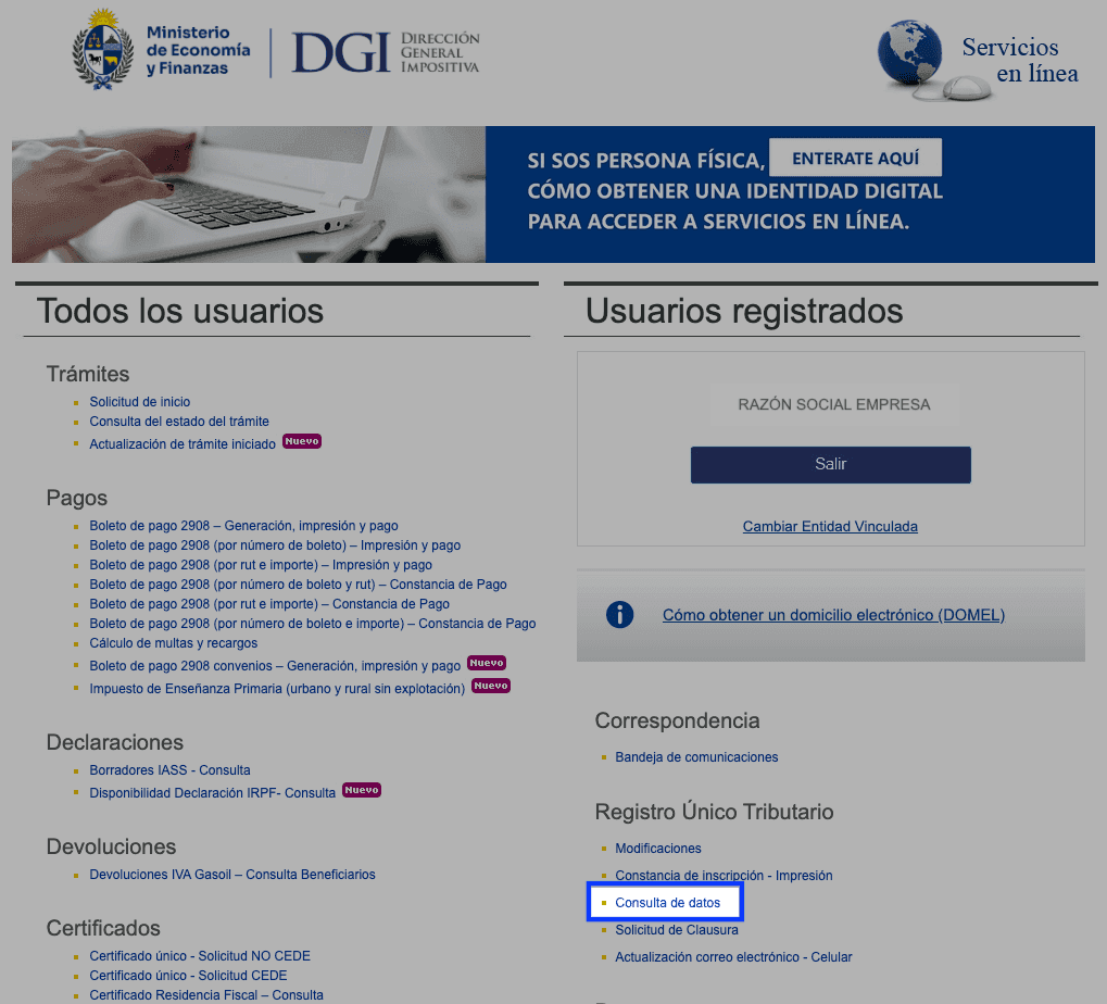 Portada de los servicios en línea de DGI: columnas Todos los usuarios y Usuarios registrados, con la sección Registro Único Tributario abajo a la derecha