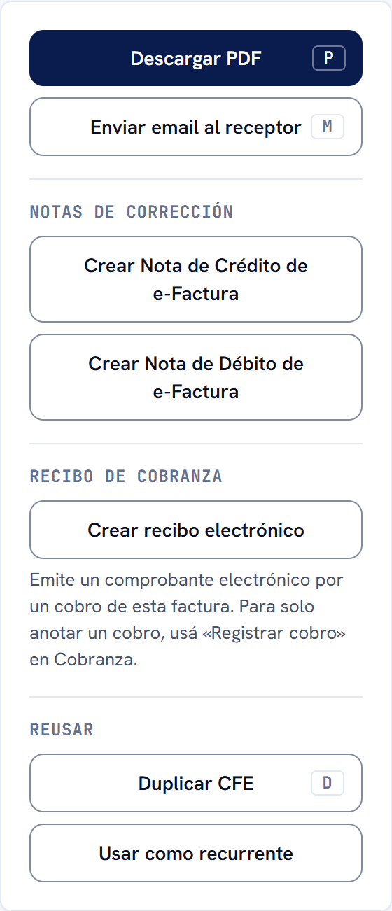 Panel de acciones de una e-Factura aceptada con el grupo Recibo de cobranza y su botón Crear recibo electrónico