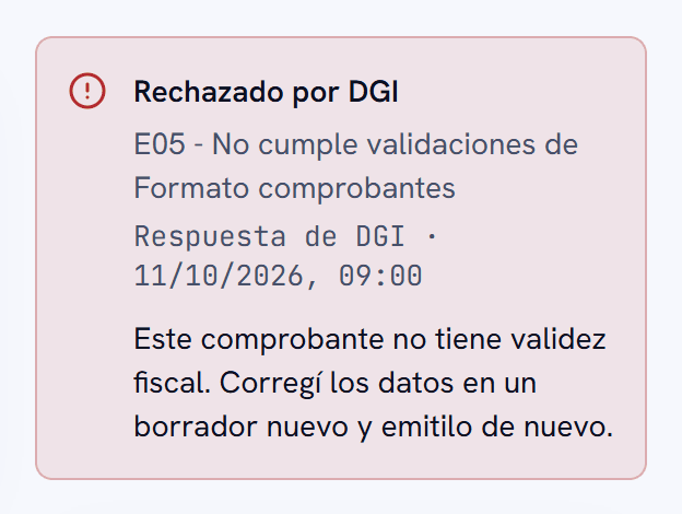 Aviso Rechazado por DGI con el motivo E05 No cumple validaciones de Formato comprobantes, la fecha de la respuesta y la indicación de corregir los datos en un borrador nuevo