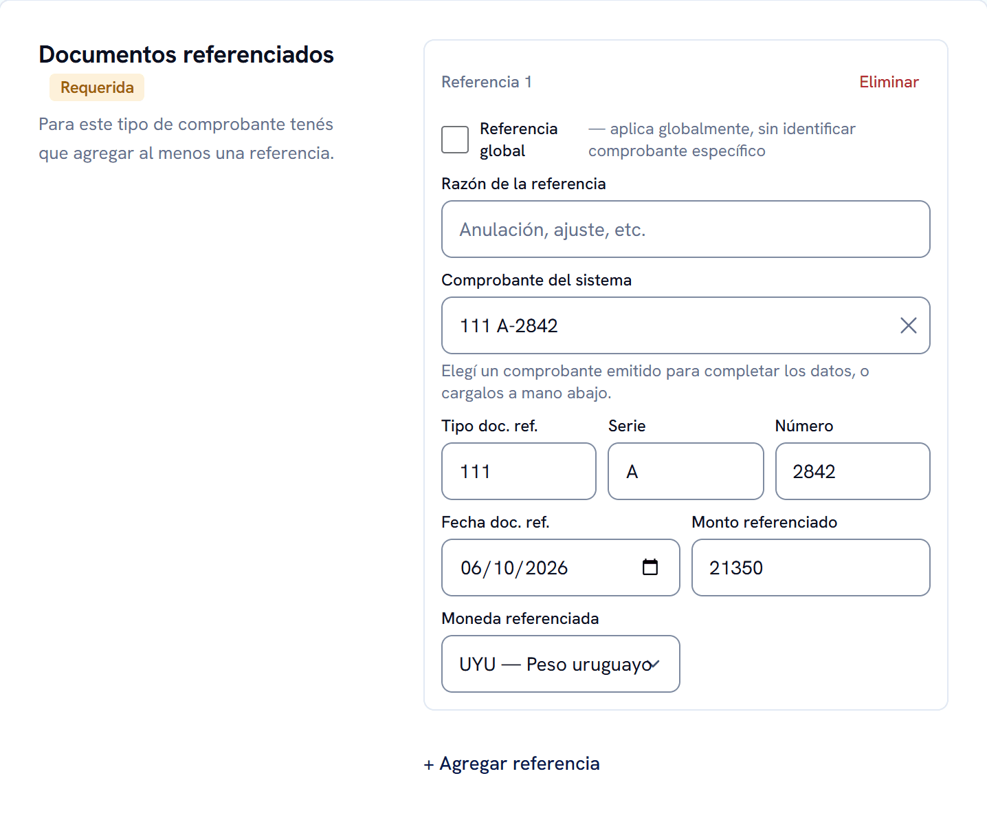 Sección Documentos referenciados con la casilla Referencia global, el campo Razón de la referencia y el comprobante 111 A-2842 ya elegido, con su tipo, serie, número, fecha, monto y moneda
