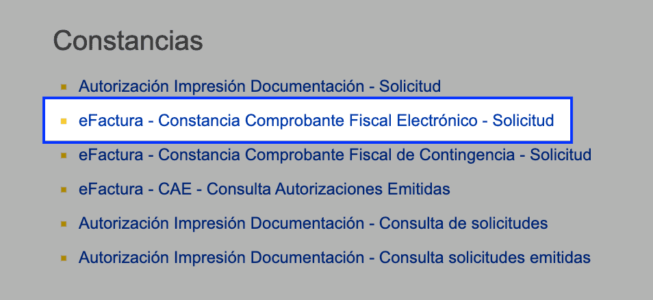 Grupo Constancias del menú de servicios en línea con seis opciones de trámite listadas como links