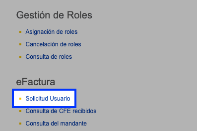 Fragmento del menú de servicios en línea con los grupos Gestión de Roles y eFactura, y sus opciones como lista de links