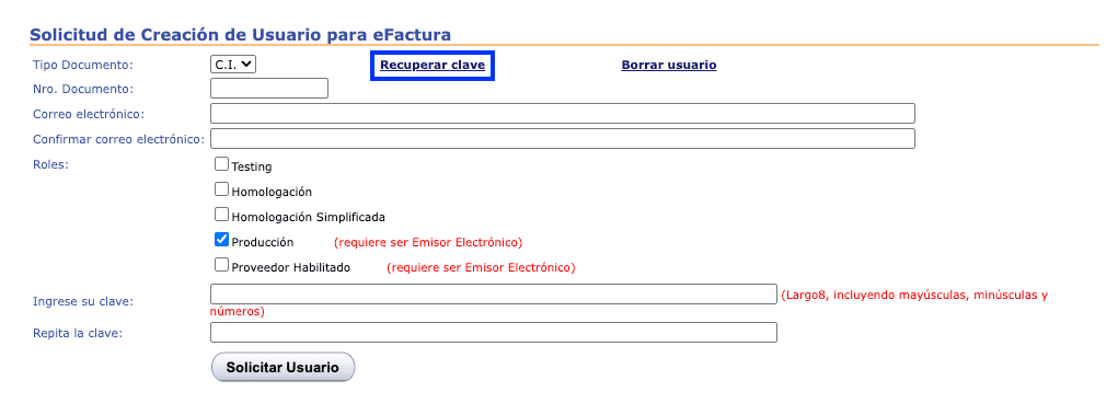 Formulario de solicitud de usuario de eFactura con el link Recuperar clave recuadrado arriba y el rol Producción marcado entre las casillas de roles